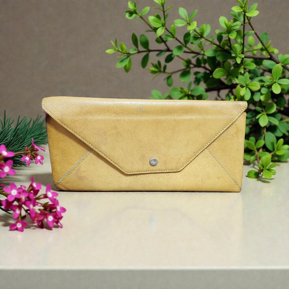 Atlus Leather Envelope Clutch Mustard Yellow Made in USA Vintage Minimal